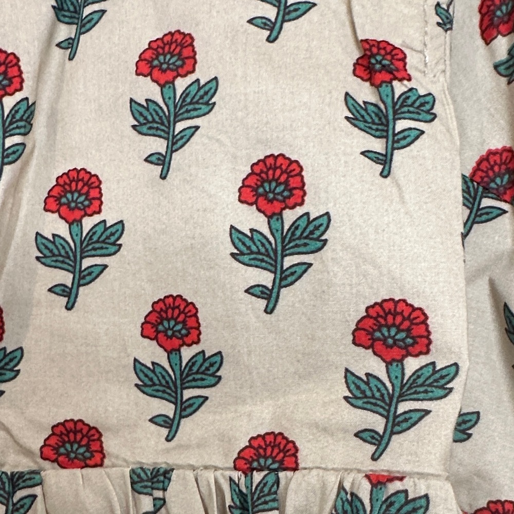 ENTRO Beautiful Beige Floral Puff Sleeve Dress with Red & Green Blooms